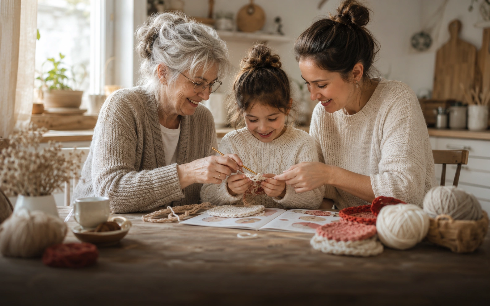 A family sitting together at a workshop table crocheting