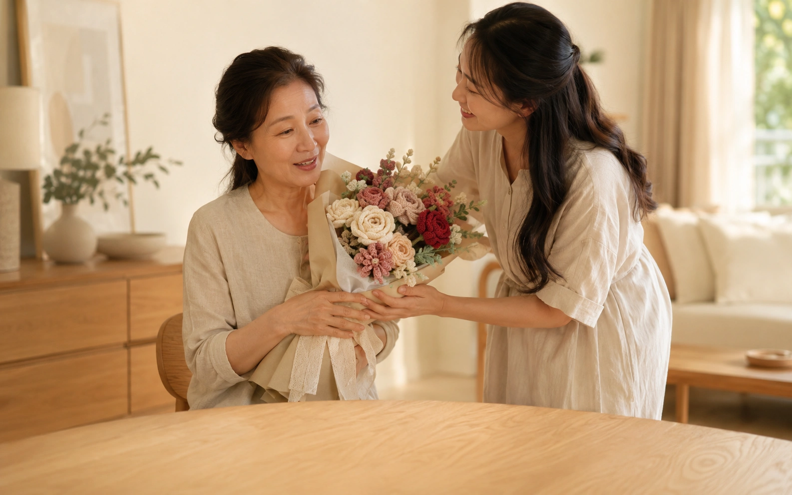 A mother receiving a handmade crochet bouquet from her daughter