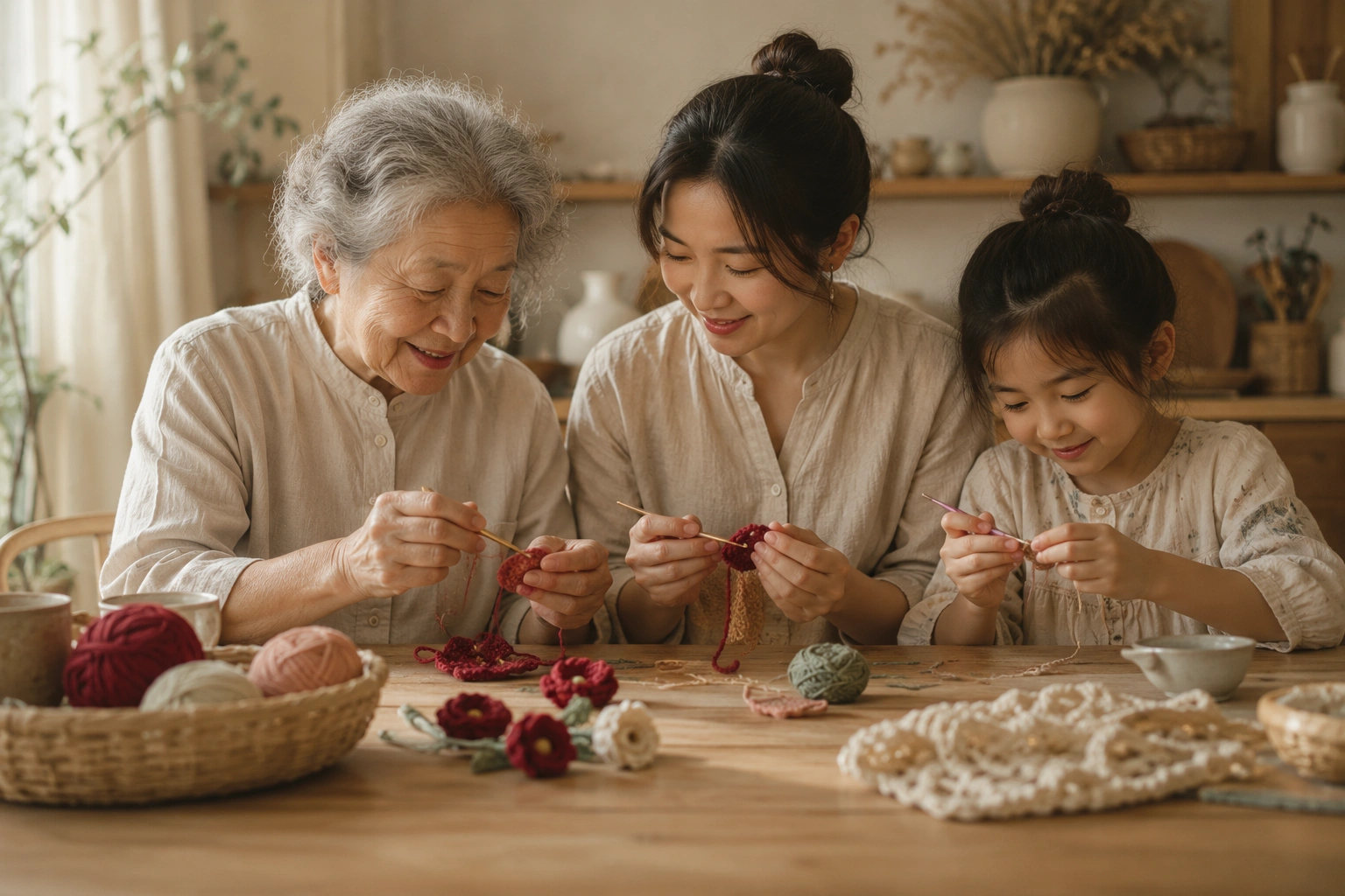 Grandmother, mother and daughter crocheting together
