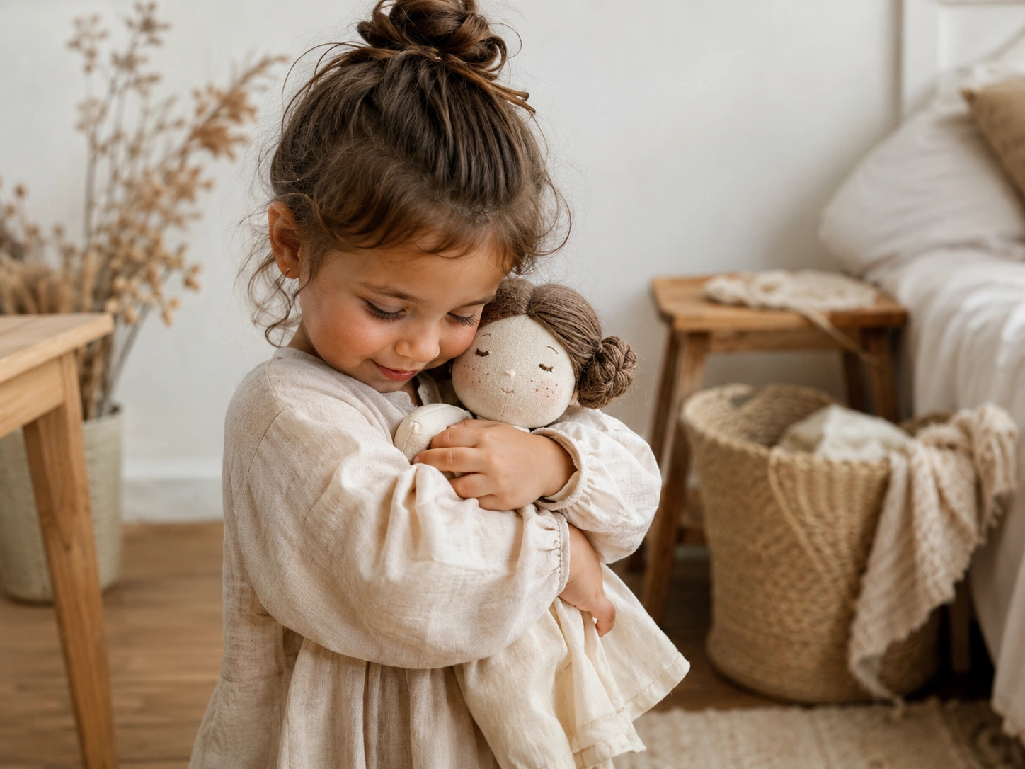 A child holding a handmade plush doll