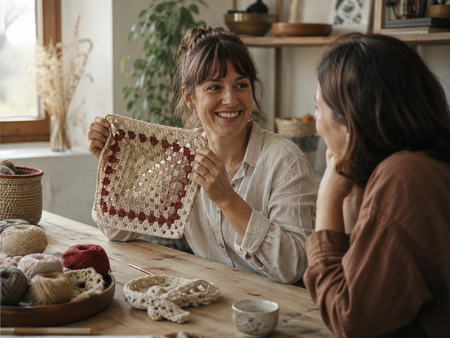 Community member sharing handmade crochet creation