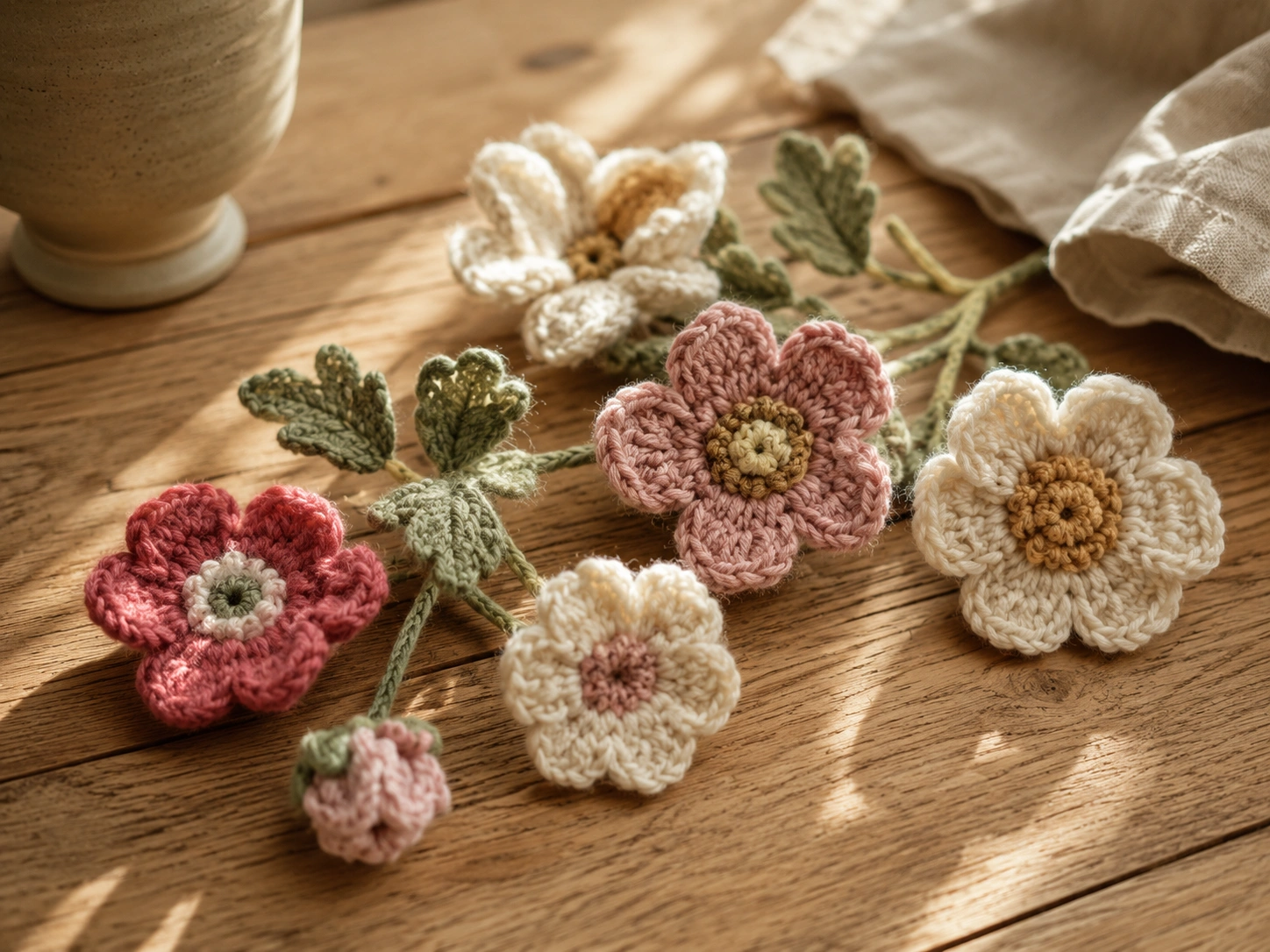 Crochet flowers arranged on a wooden surface