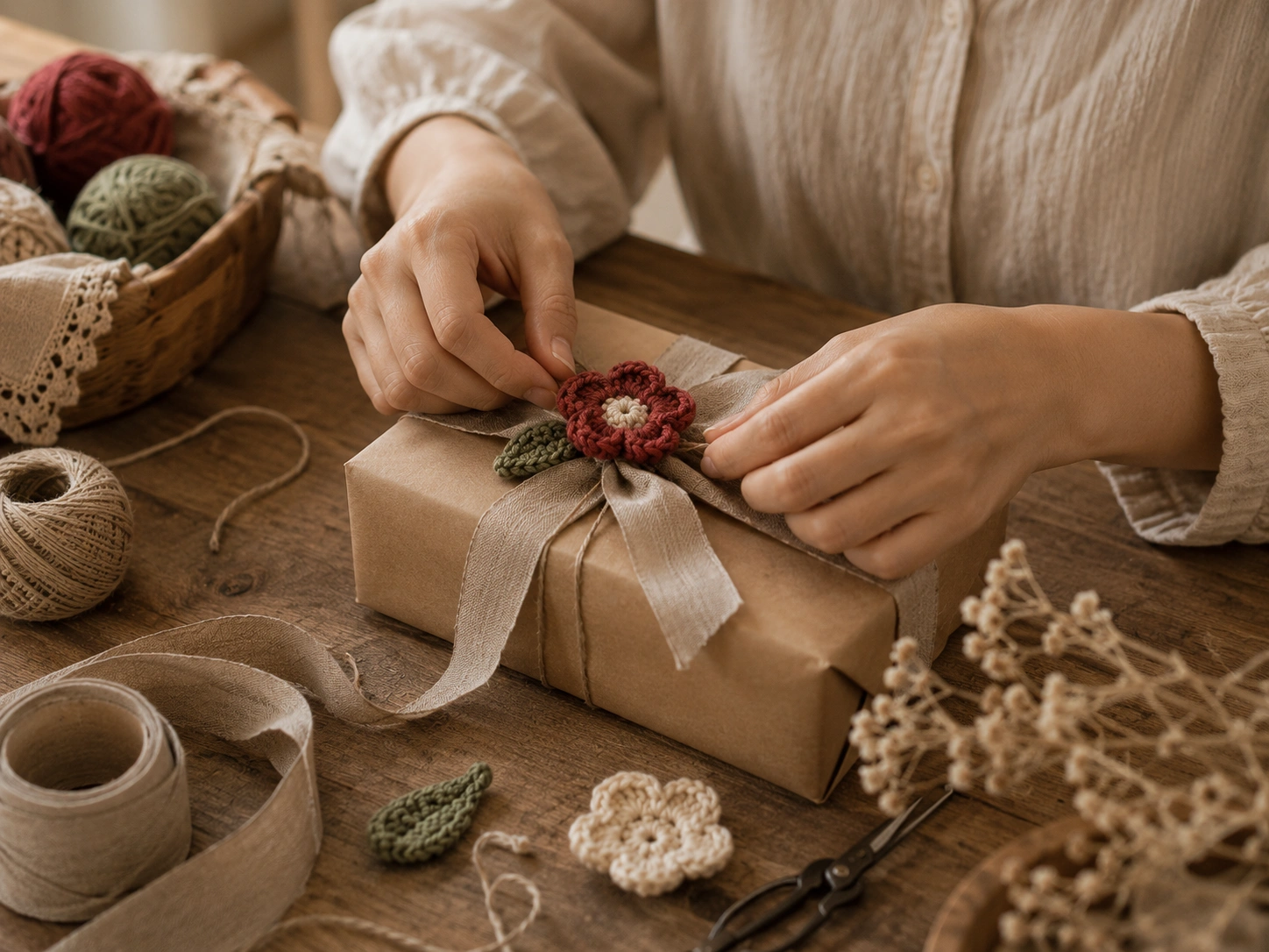 A handmade gift being wrapped with care