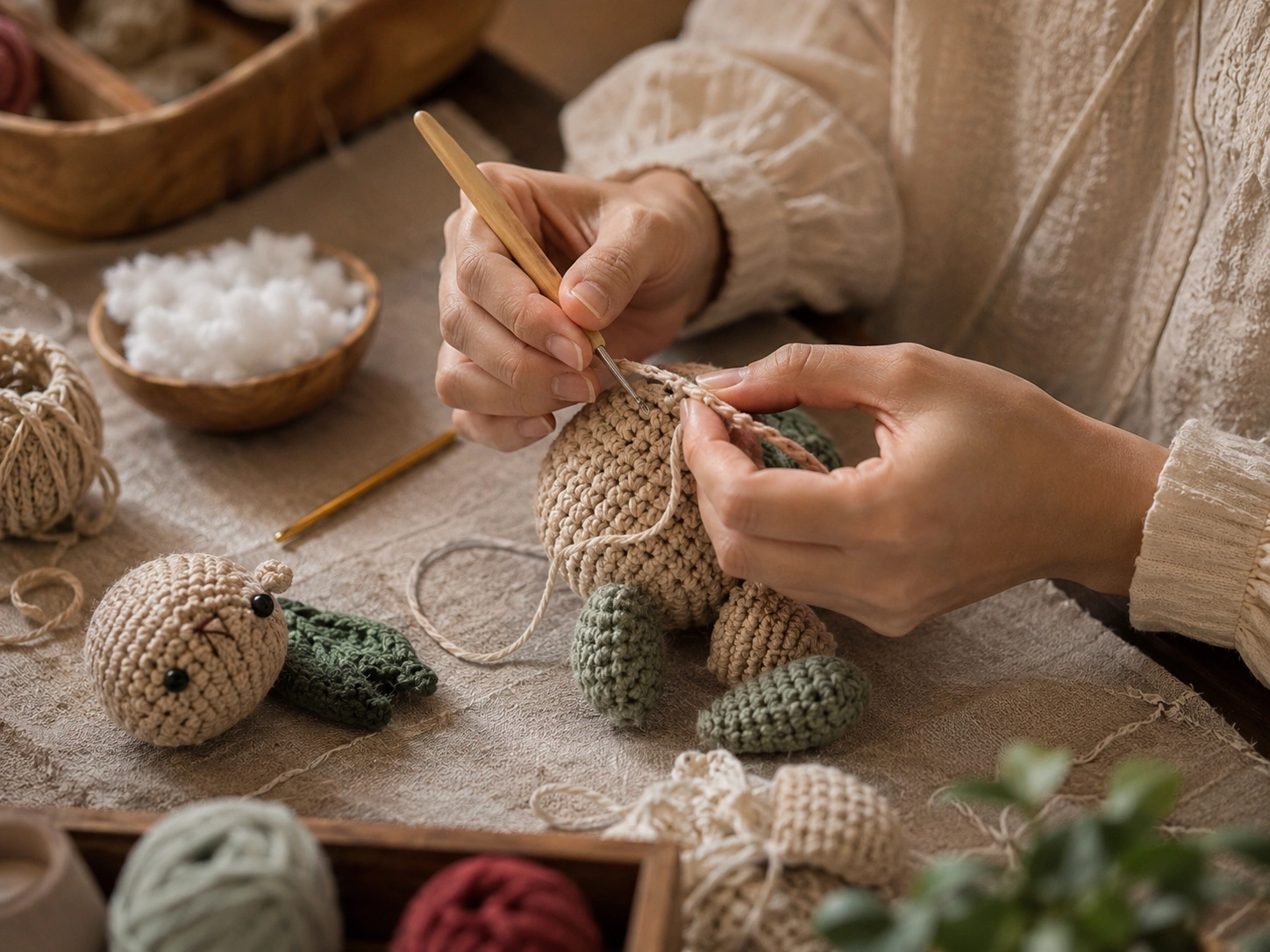 Hands working on a crochet kit project