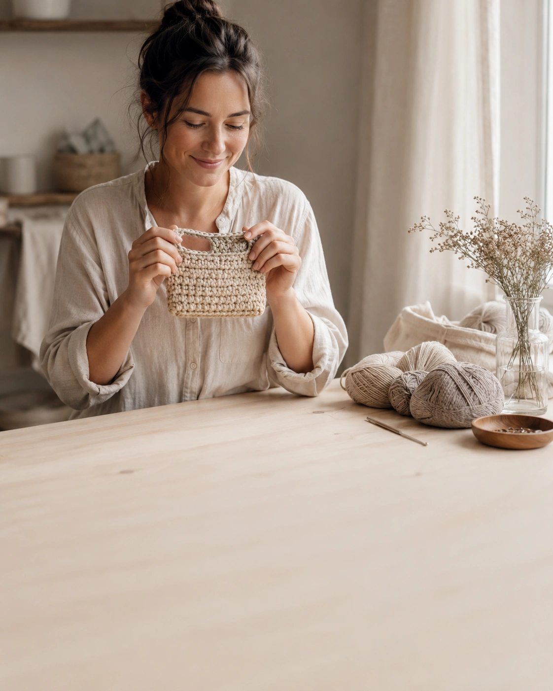A person smiling while completing a crochet creation