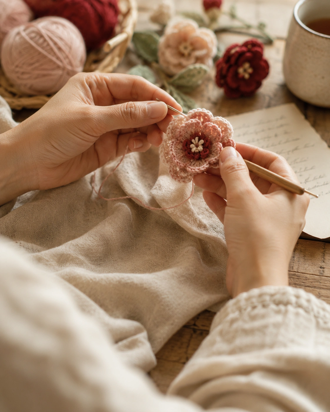 Hands carefully crafting a crochet flower