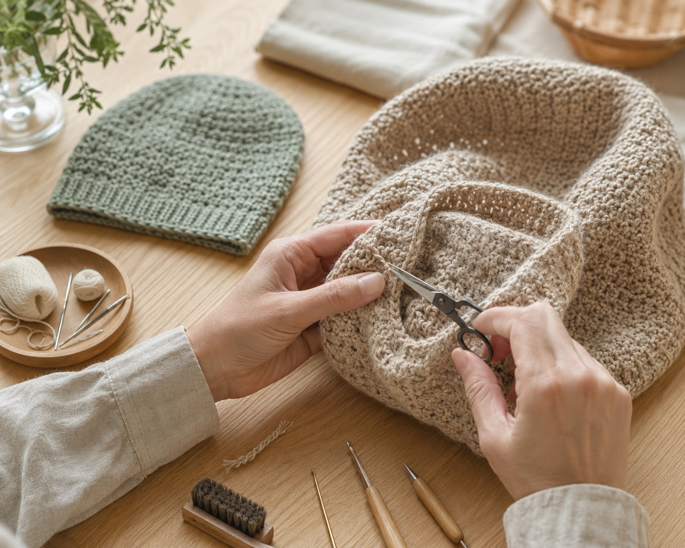 Handmade crochet products being carefully finished by hand