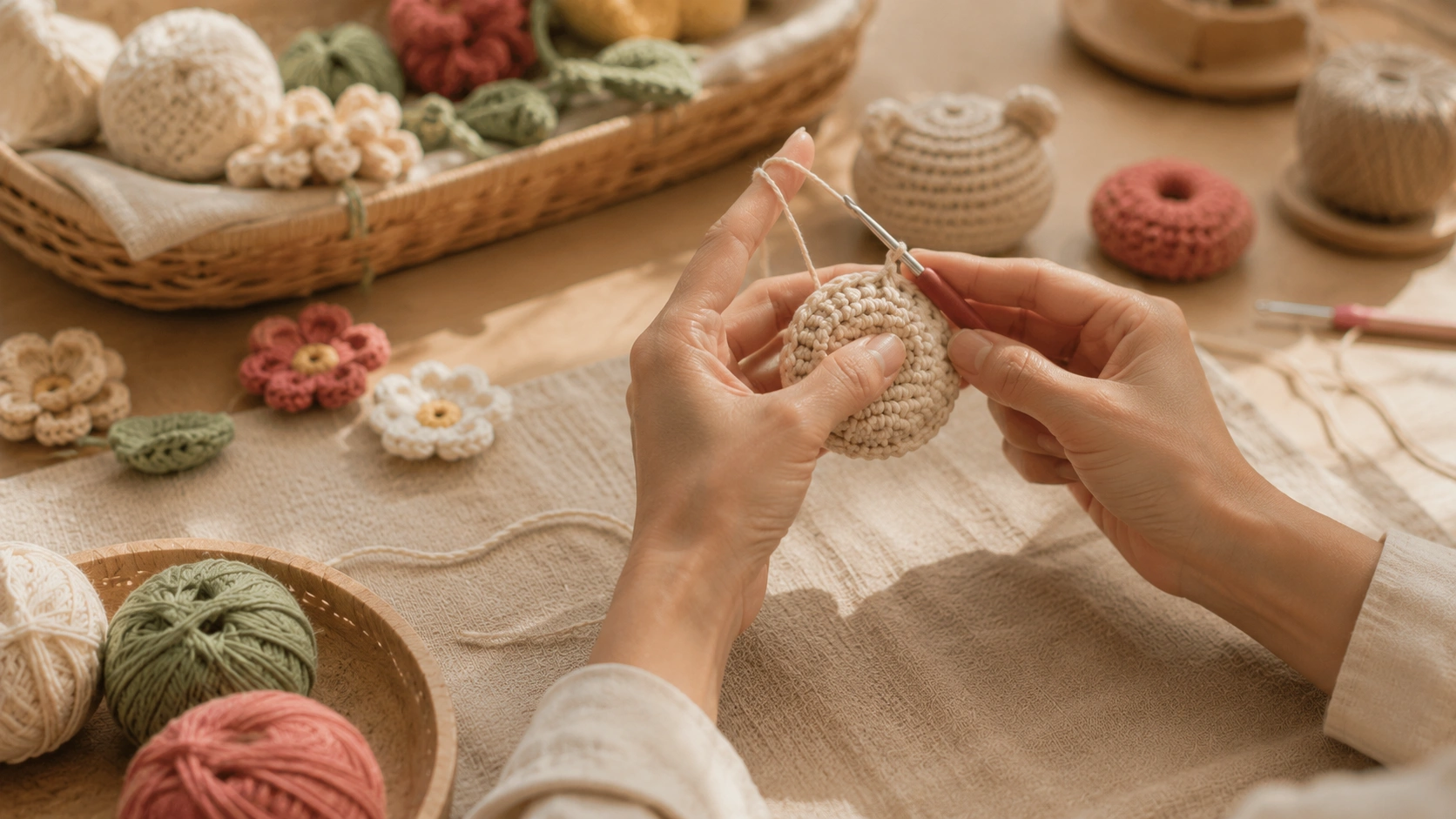 Close-up of artisan hands crocheting with natural yarn in warm workshop light