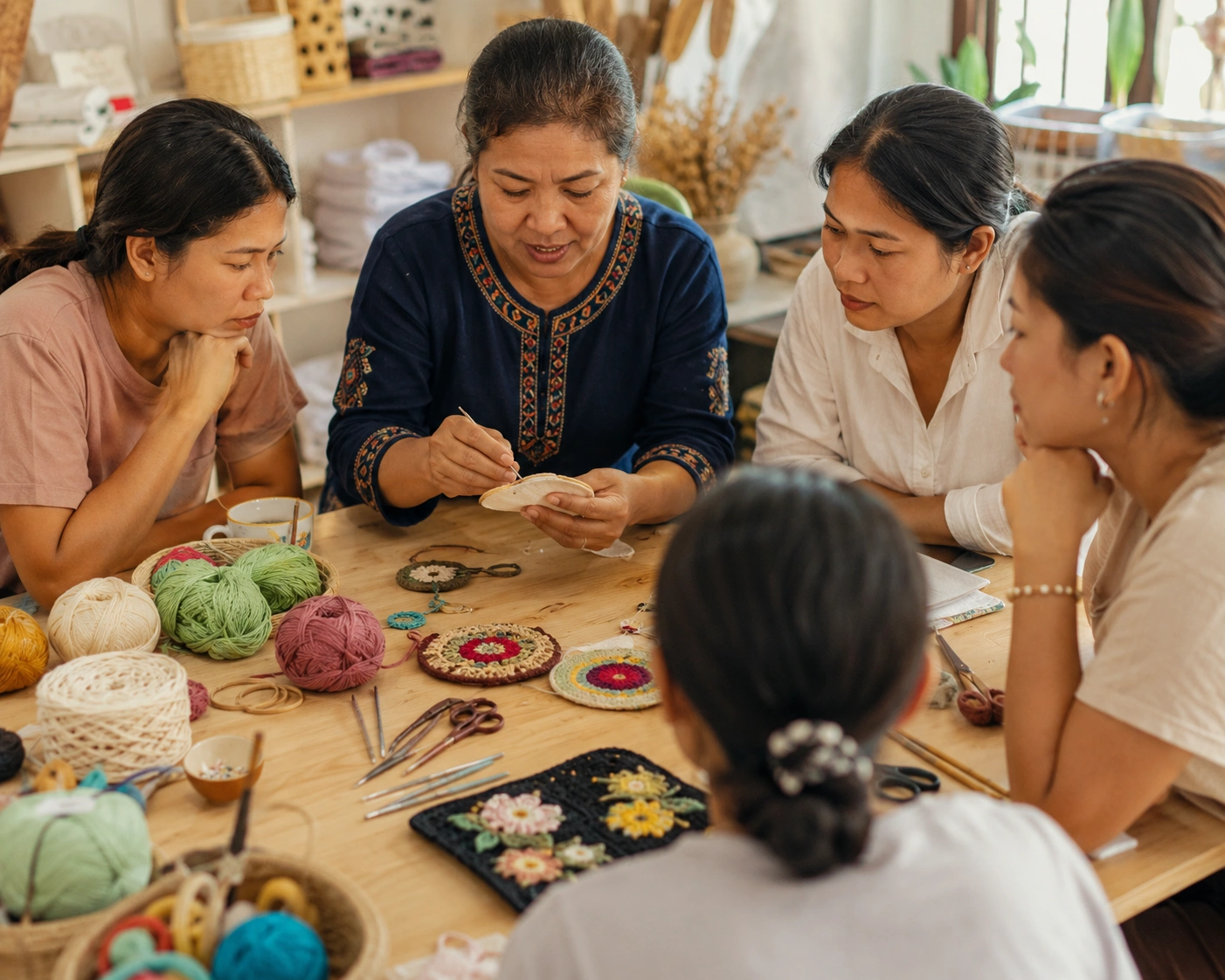 Workshop scene with people learning embroidery together