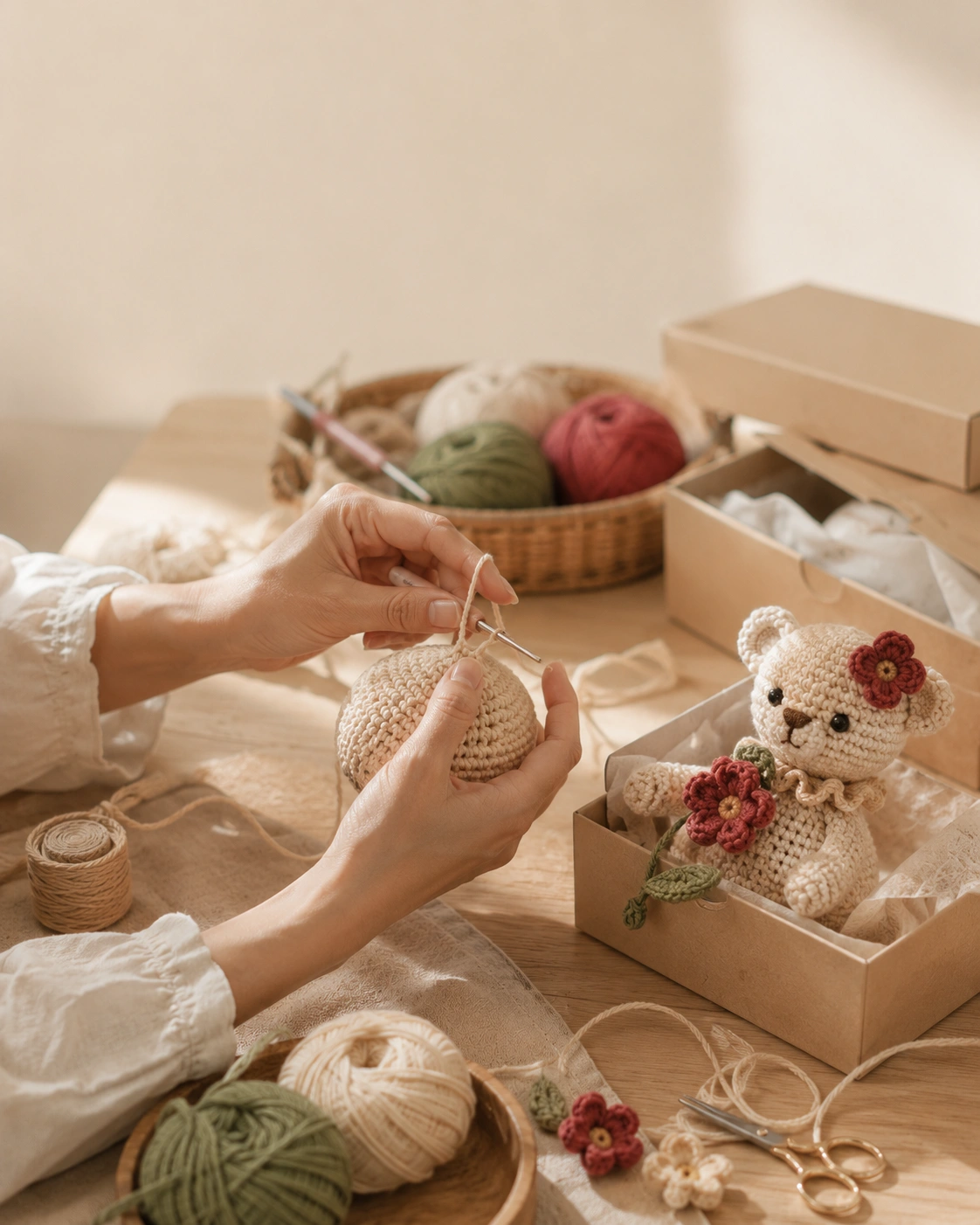Artisan hands working on crochet craft in a warm workshop with natural daylight