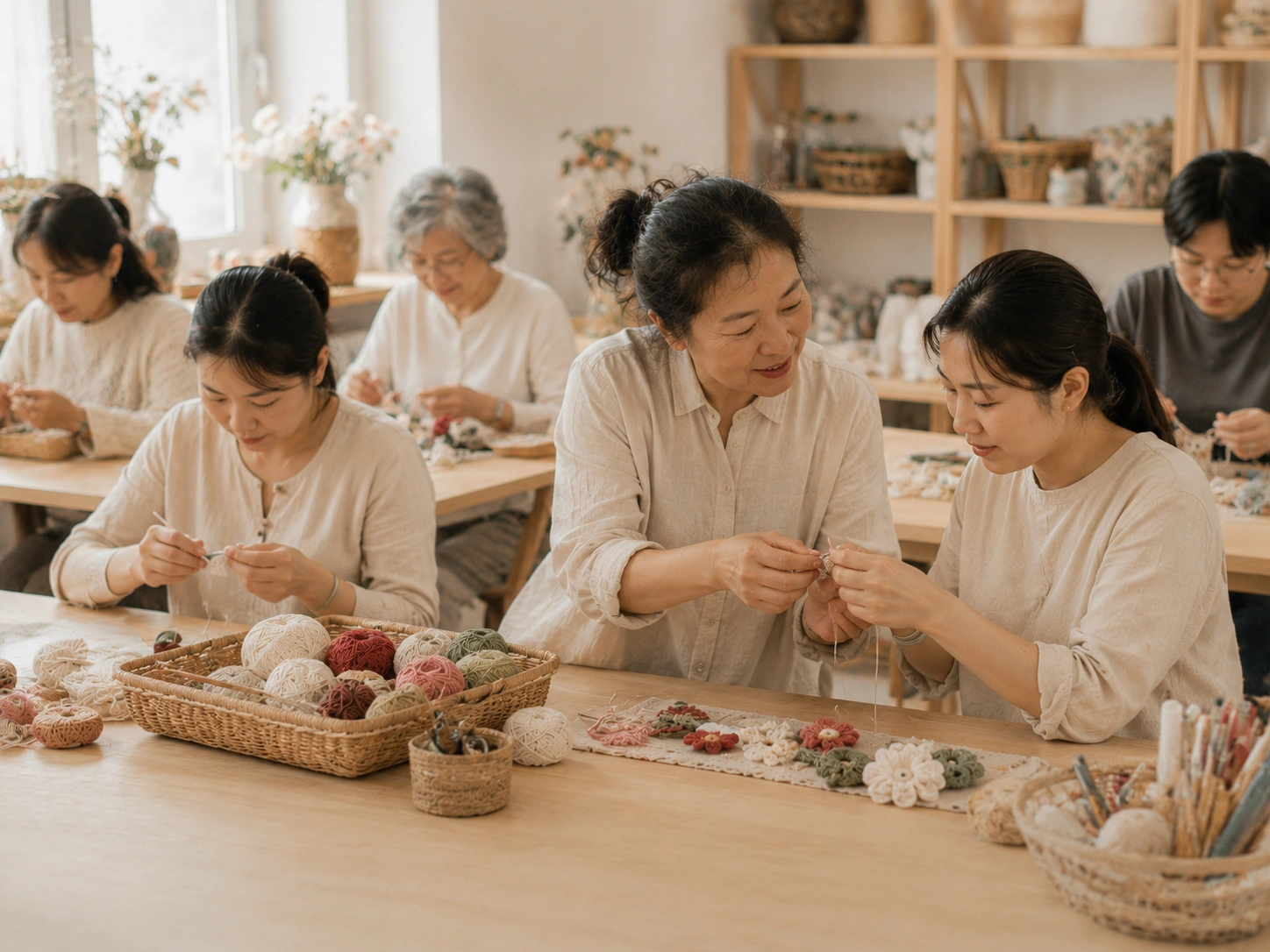 Artisan community members sharing handmade craft skills in a warm workshop