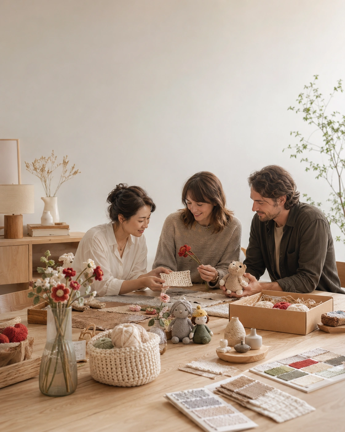 Brand partners reviewing handmade product samples in a warm studio