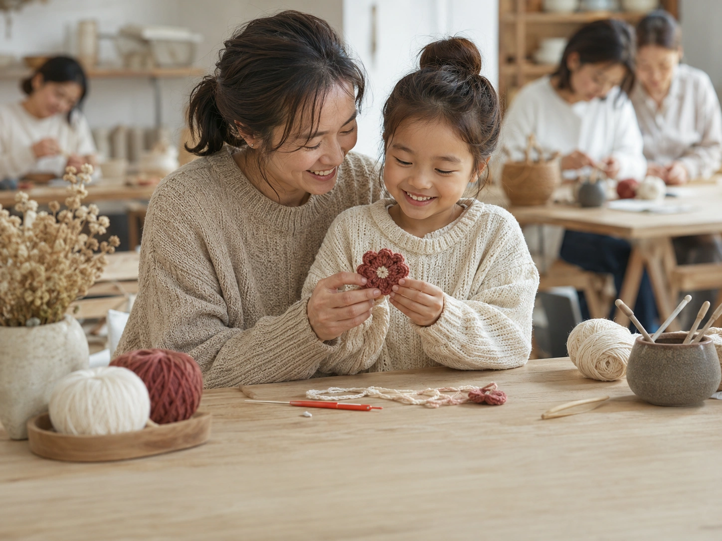 Parents and children creating together in a crochet workshop