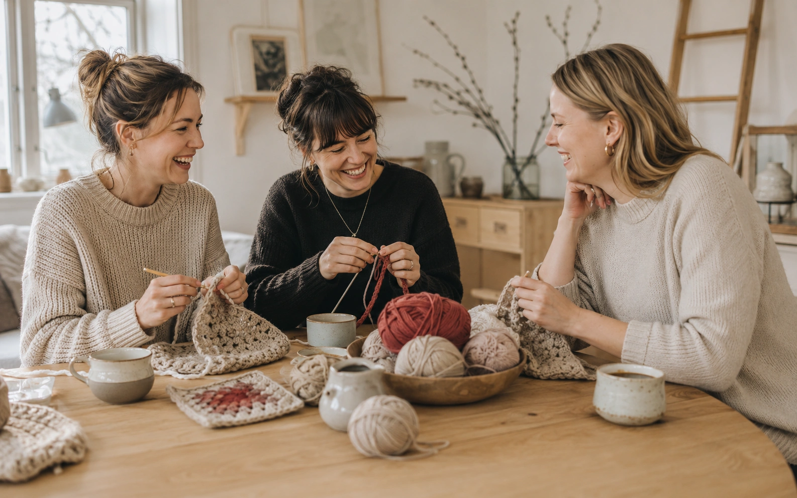 Friends laughing while working on crochet