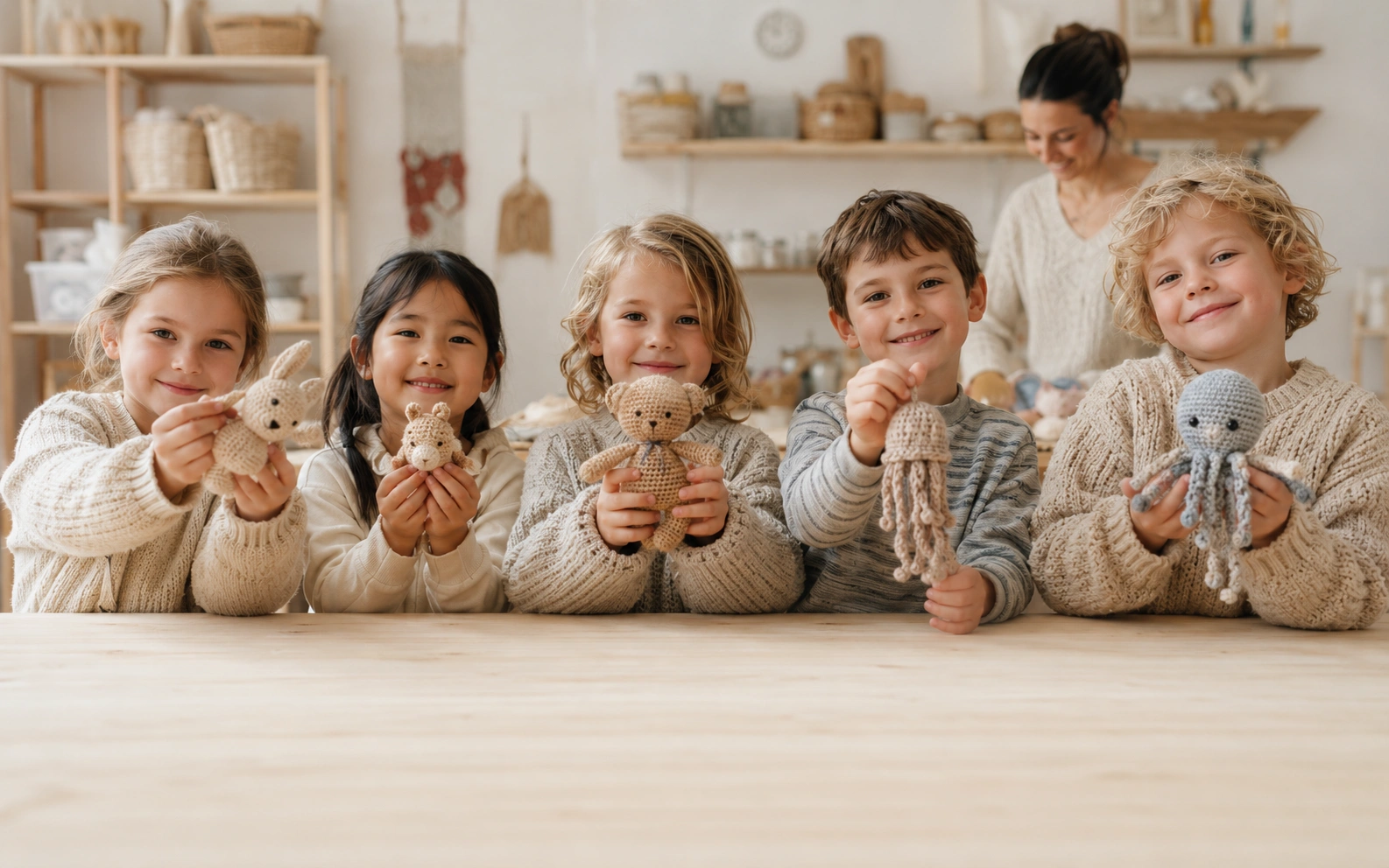 Children showing handmade crochet creations